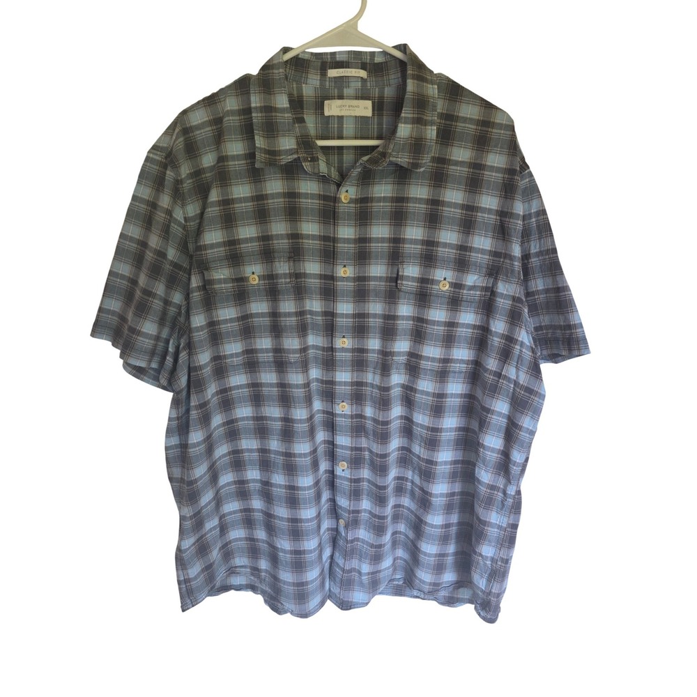Lucky Brand Mens‎ XXL Classic Fit Plaid Short Sleeve Button Down Shirt Blue Grey